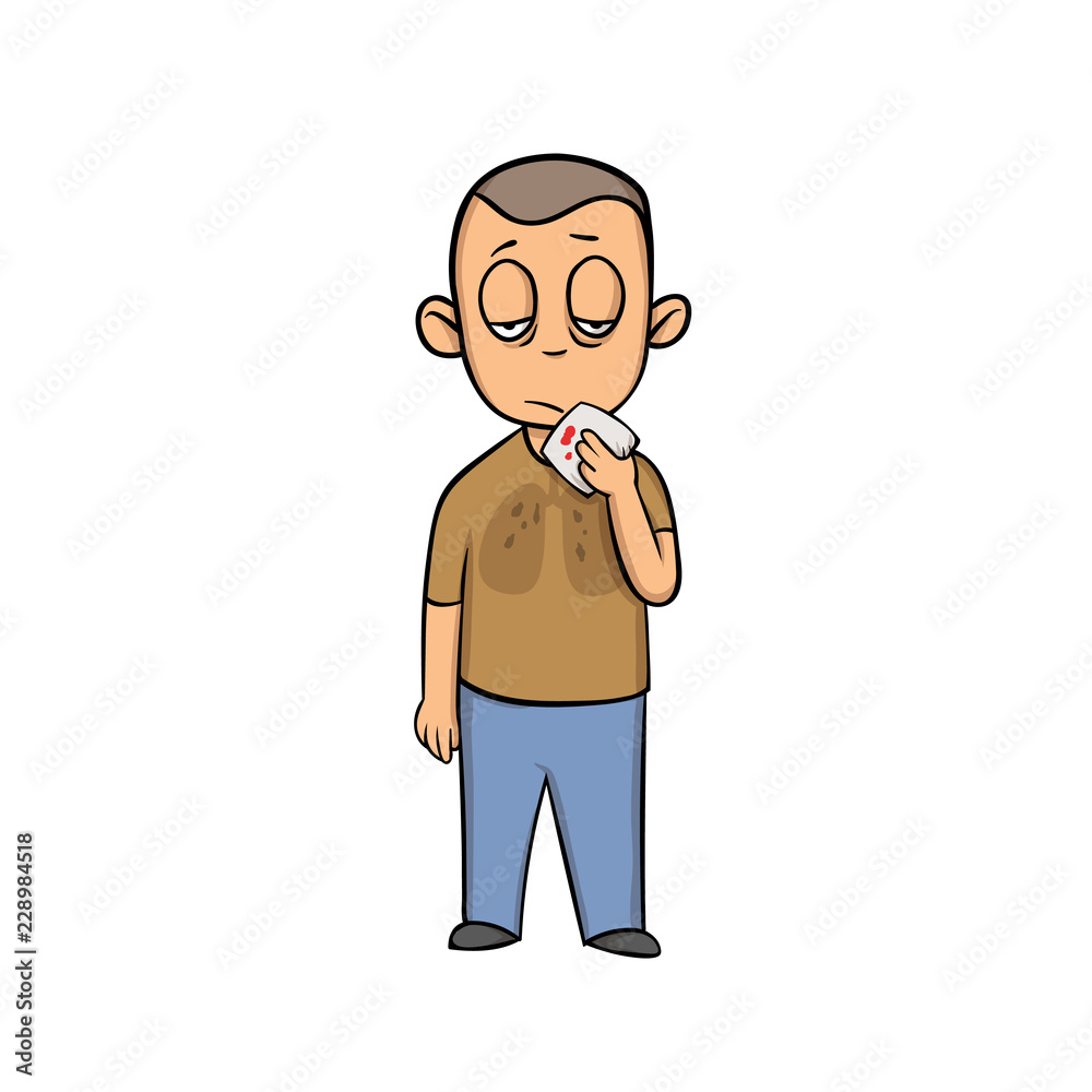 Young sick man with handkerchief in his hand. Lung disease. Cartoon design icon. Colorfull flat vector illustration. Isolated on white background.