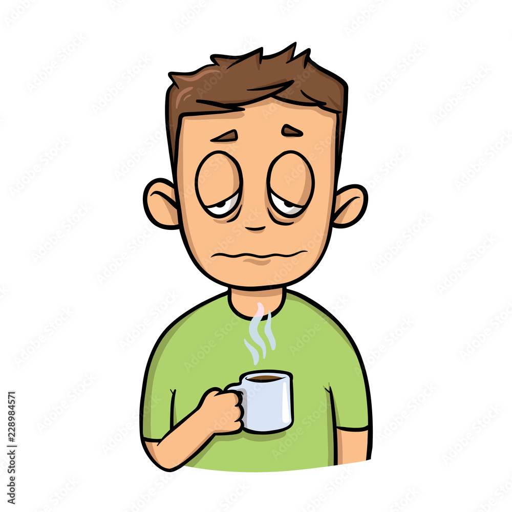 Funny sleepy guy with a cup of morning coffee. Cartoon design icon. Colorfull flat vector illustration. Isolated on white background.