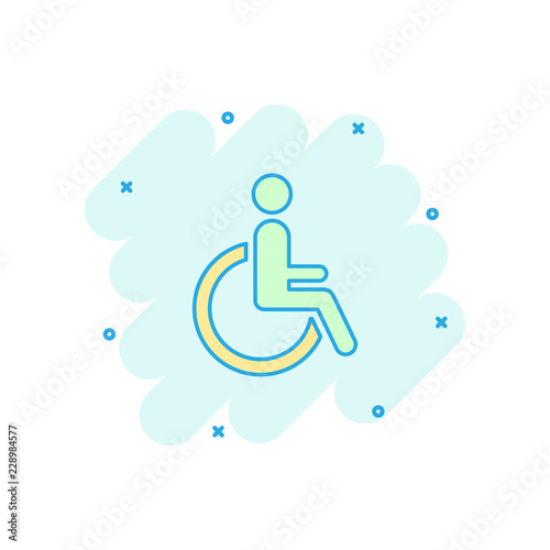 Vector cartoon man in wheelchair icon in comic style. Handicapped invalid sign illustration pictogram. People business splash effect concept.