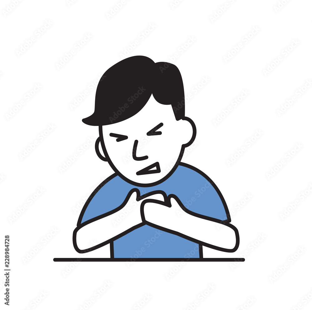 Young man feeling chest pain. Angina and heart attack. Colorful flat vector illustration. Isolated on white background. Young man feeling chest pain. Angina and heart attack. Colorful flat vector illustration. Isolated on white background.