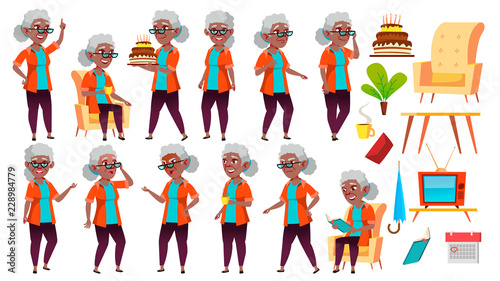 Old Woman Poses Set Vector. Black. Afro American. Elderly People. Senior Person. Aged. Positive Pensioner. Advertising, Placard, Print Design. Isolated Cartoon Illustration