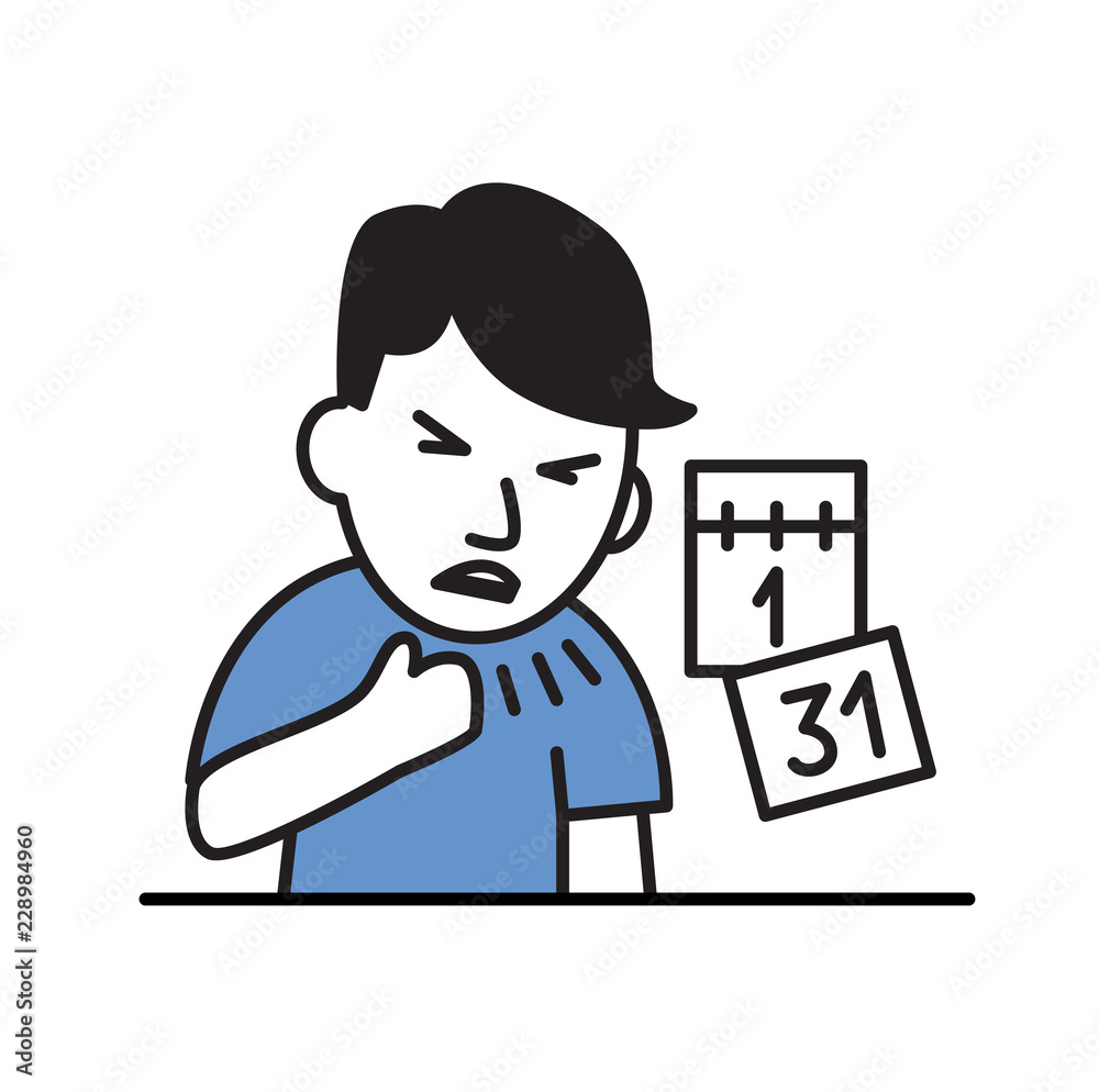 Young man coughing with fist in front of mouth. Long time sickness. Cartoon design icon. Colorful flat vector illustration. Isolated on white background. Young man coughing with fist in front of mouth. Long time sickness. Cartoon design icon. Colorful flat vector illustration. Isolated on white background.