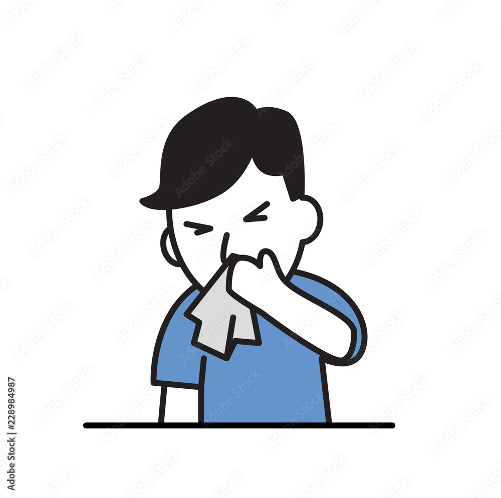 Running nose. Sick boy with a handkerchief. Cartoon design icon. Colorful flat vector illustration. Isolated on white background. Running nose. Sick boy with a handkerchief. Cartoon design icon. Colorful flat vector illustration. Isolated on white background.