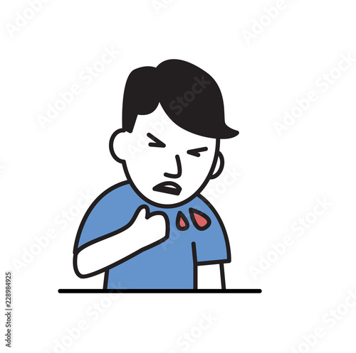 Young guy coughing blood. Colorful flat vector illustration. Isolated on white background.