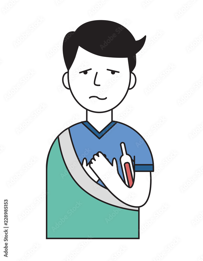 Sick guy with thermometer and blanket. Cartoon design icon. Colorful flat vector illustration. Isolated on white background.