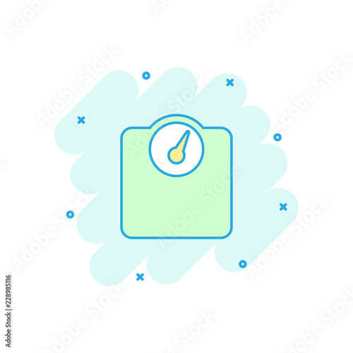 Vector cartoon bathroom scale weigher icon in comic style. Weigher sign illustration pictogram. Balance business splash effect concept.