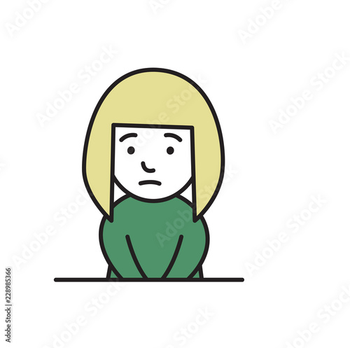 Upset girl pressing hands against her stomach as if in pain. Girl wanying to pee. Cartoon design icon. Flat vector illustration. Isolated on white background.