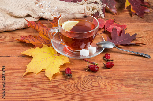 Tea on rustic wooden table with autumn leaves and scarf