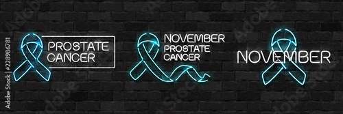 Vector set of realistic isolated neon sign of Blue Ribbon logo for decoration and covering on the wall background. Concept of November, Prostate cancer awareness month.