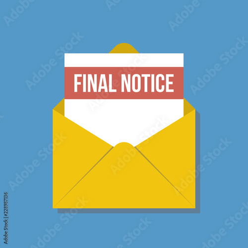 final notice letter in yellow envelope, flat vector illustration
