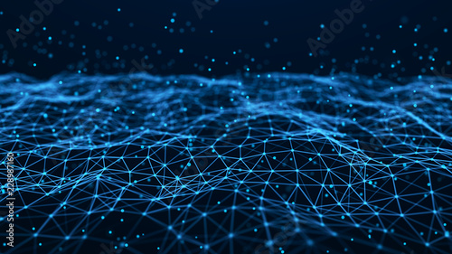 Wave of particles. Futuristic blue dots background with a dynamic wave. Big data. 3d rendering.
