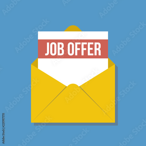 job offer letter in yellow envelope, flat vector illustration