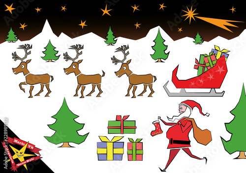 Santa Claus, su trineo y sus renos