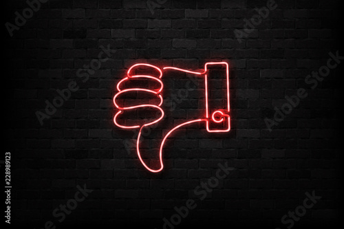 Vector realistic isolated neon sign of Thumb down logo for decoration and covering on the wall background. Concept of rating, network and social media.