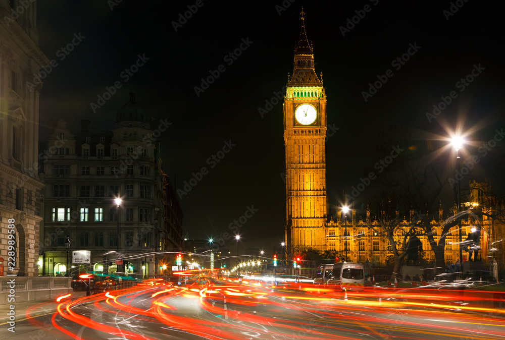 Night traffic near Big Ben in London