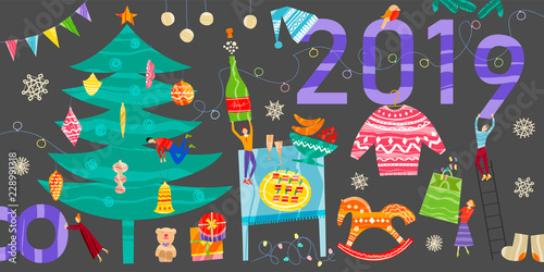 Collection of Christmas and New Year elements. Vector flat design with texture