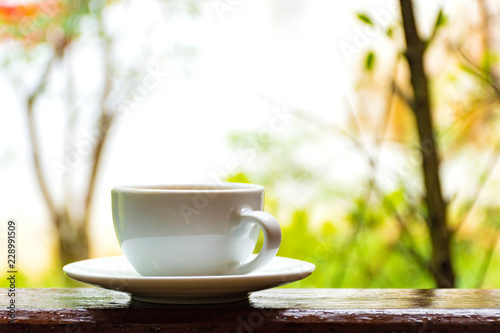 White coffee cup on autumn background. Beautiful coffee Cup with, nature background and warm light in the garden happily.