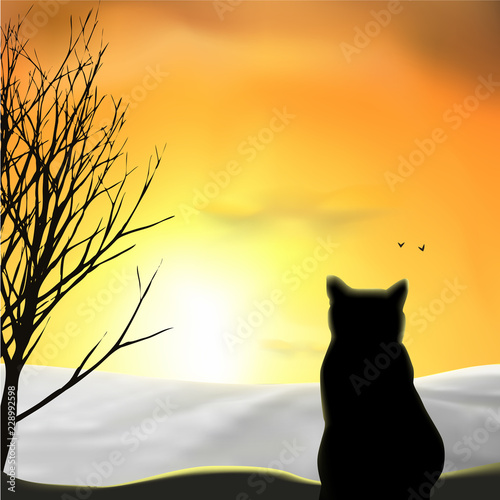 A cat looking at snow field  sunset  sunrise  tree  birds. Orange sky  silhouettes. Vector illustration.