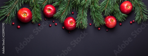 Christmas background with tree branches, red apples and cranberries. Dark wooden table. Banner. Top view. Copy space