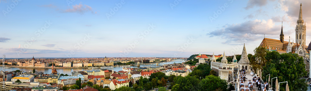 Panoramic view of Budapest cityscape crossed by Danube river from the Buddha castle at sunset