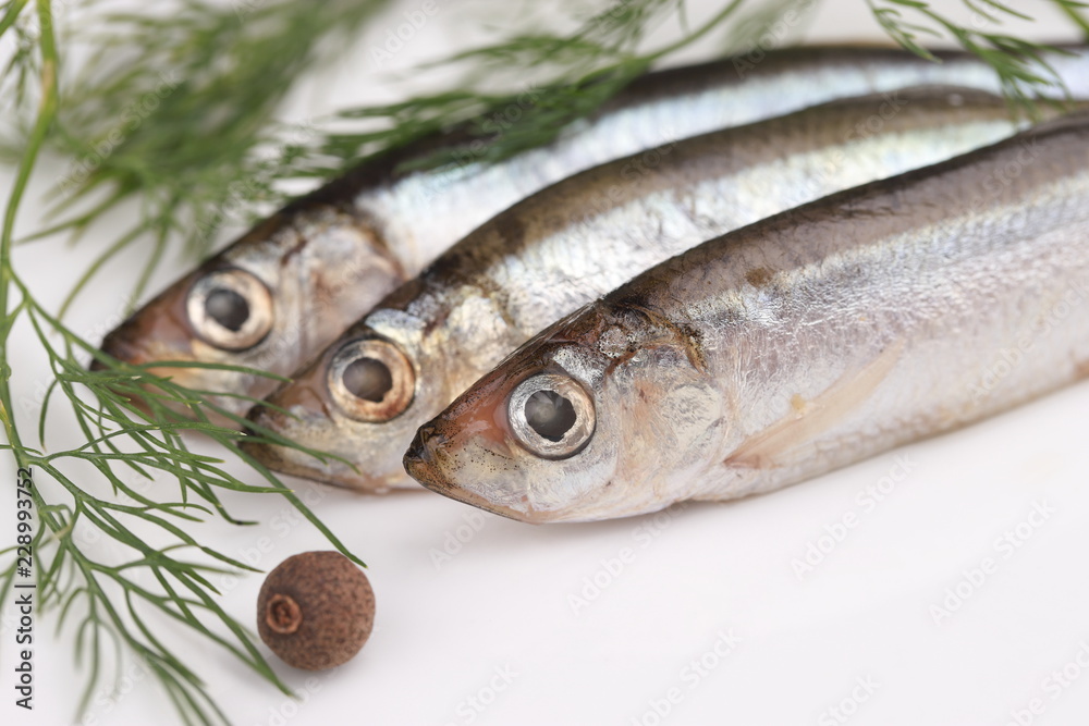 Salted sprats, dill and allspice berry on white plate Salted sprats, dill and allspice berry on white plate