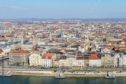 panoramic view of the city at the center of Budapest set of roofs along the Danube River on a sunny afternoon. Budapest Hungary March 2018
