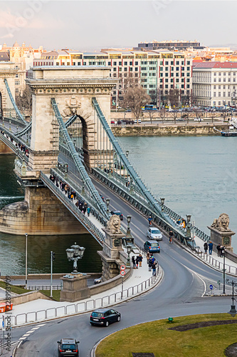 Canvas Print Szechenyi suspension bridge with sculptures of lions road to the city center of Budapest is a famous tourist place