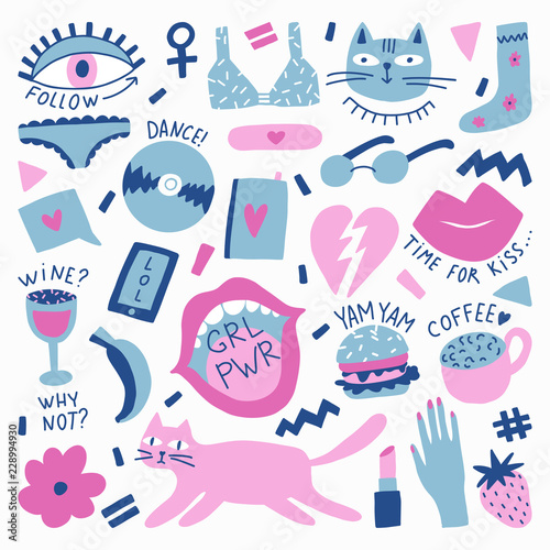 Collection with hand phrases and symbols for teenage girls.