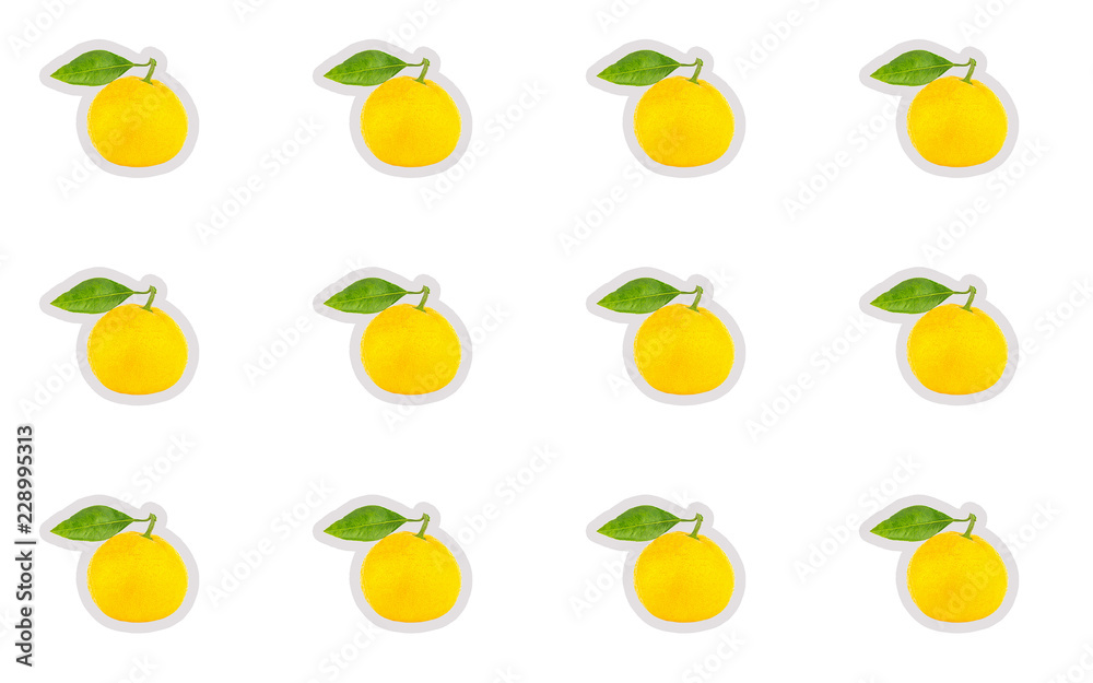 base design sticker icon yellow ripe mandarin with green leaf on white isolated background