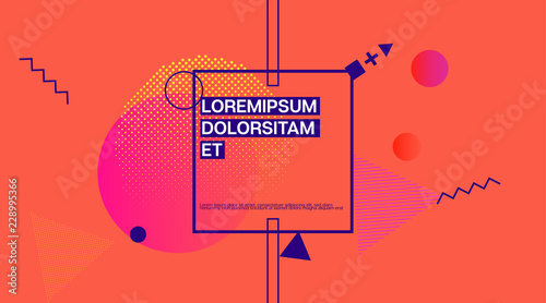 Memphis Minimal Cover Horizontal Vector Template. Neon Gradient Overlay, Small Space Particles Background. Geometric Memphis Design Elements, Horizontal Music Poster. Vintage Elemets Business Design.