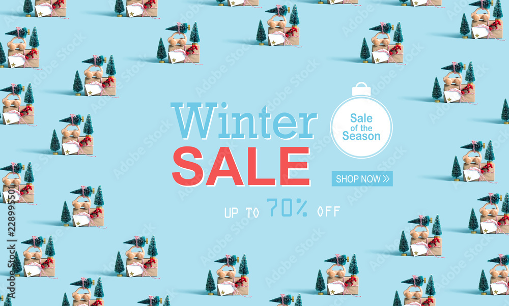 Fototapeta premium Winter sale message with little car carrying Christmas trees