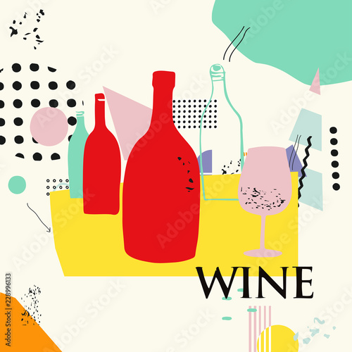Wine and cocktails colorful background flat vector illustration. Party flyer, wine tasting event, wine festival and celebrations poster design for brochure, invitation card, menu, promotion banner