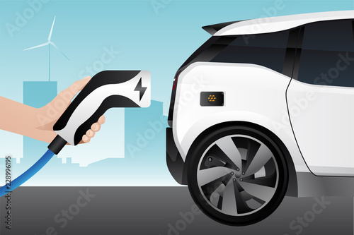 Hand with charging plug. Charging an electric car. Vector illustration