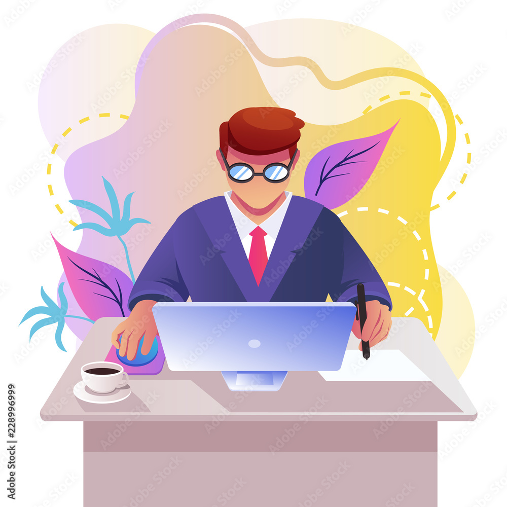 Man businessman office worker student character work at computer laptop pc.  Freelance workplace workspace concept. Vector flat cartoon isolated graphic  design illustration Stock Vector | Adobe Stock
