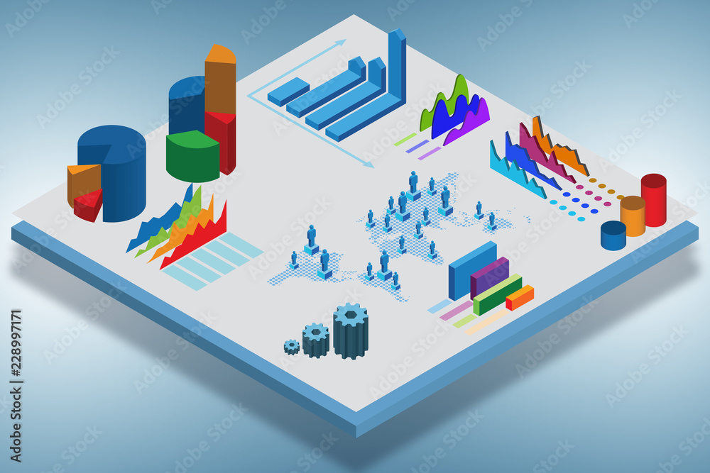 Isometric view of various business charts - 3d rendering