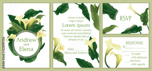 Set. Wedding invitation, RSVP. composition of calla lily, leaves. White background. Clipping mask.