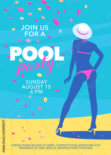 Flat style pool party poster with girl next to the swimming pool vector illustration