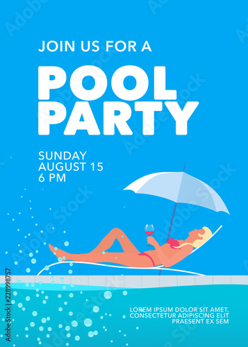 Pool party poster with girl under umbrella and swimming pool vector illustration