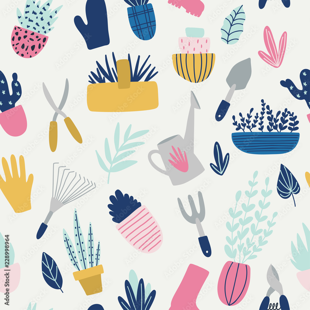 Seamless pattern with garden tools and flower pots.