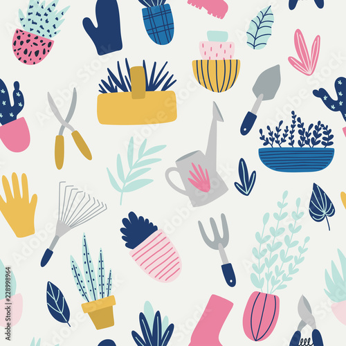 Seamless pattern with garden tools and flower pots.