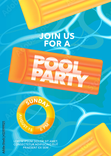 Pool party poster with inflatable ring in the swimming pool vector illustration