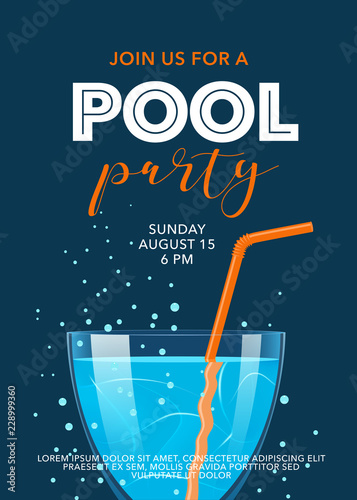 Pool party poster with drinking glass vector illustration