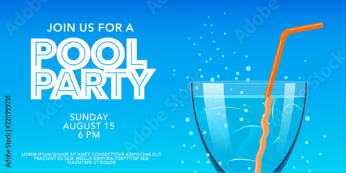 Pool party horizontal banner with drinking glass on blue background vector illustration