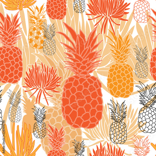 Pineapple and Succulent-Fruit Delight seamless Repeat Pattern illustration.Background in Grren Black and White
