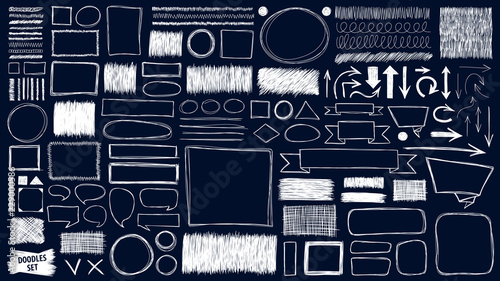 Doodles set. Scribble collection. Quirky sketches. Scrawl elements. Hand drawn effect vector. Pen lines. Frames. Notebook drawings for your design. Simple strokes.