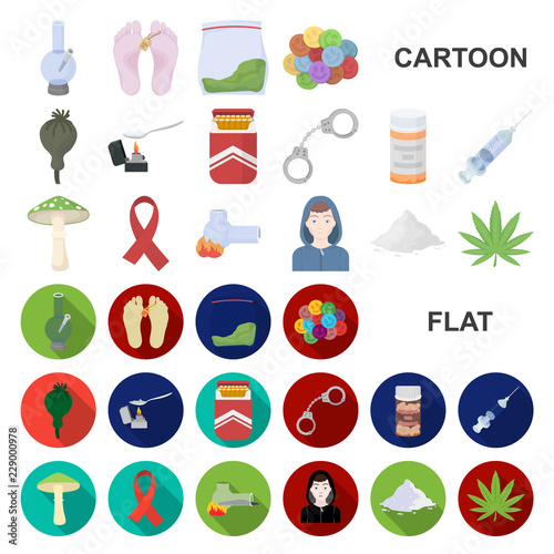 Drug addiction and attributes cartoon icons in set collection for design. Addict and Drug vector symbol stock web illustration.