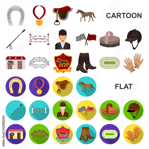 Hippodrome and horse cartoon icons in set collection for design. Horse Racing and Equipment vector symbol stock web illustration.