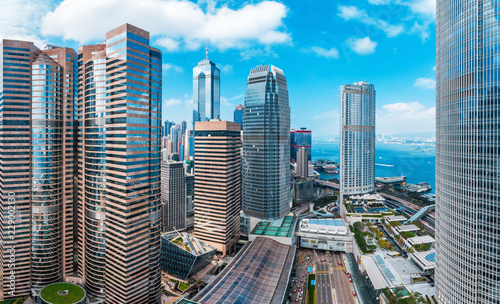 Photography Panorama view of Hong Kong skylines with beautiful blue sky