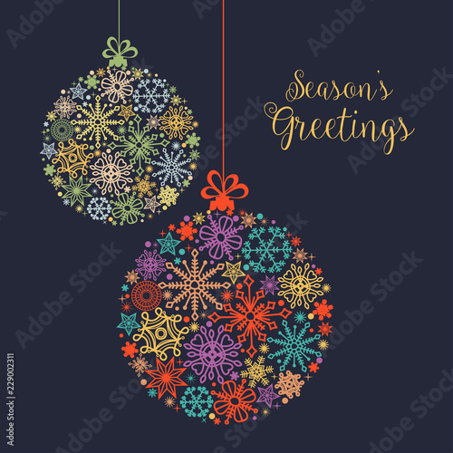 Christmas card, colorful snowflake balls ornaments
