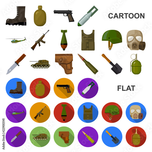 Army and armament cartoon icons in set collection for design. Weapons and equipment vector symbol stock web illustration.